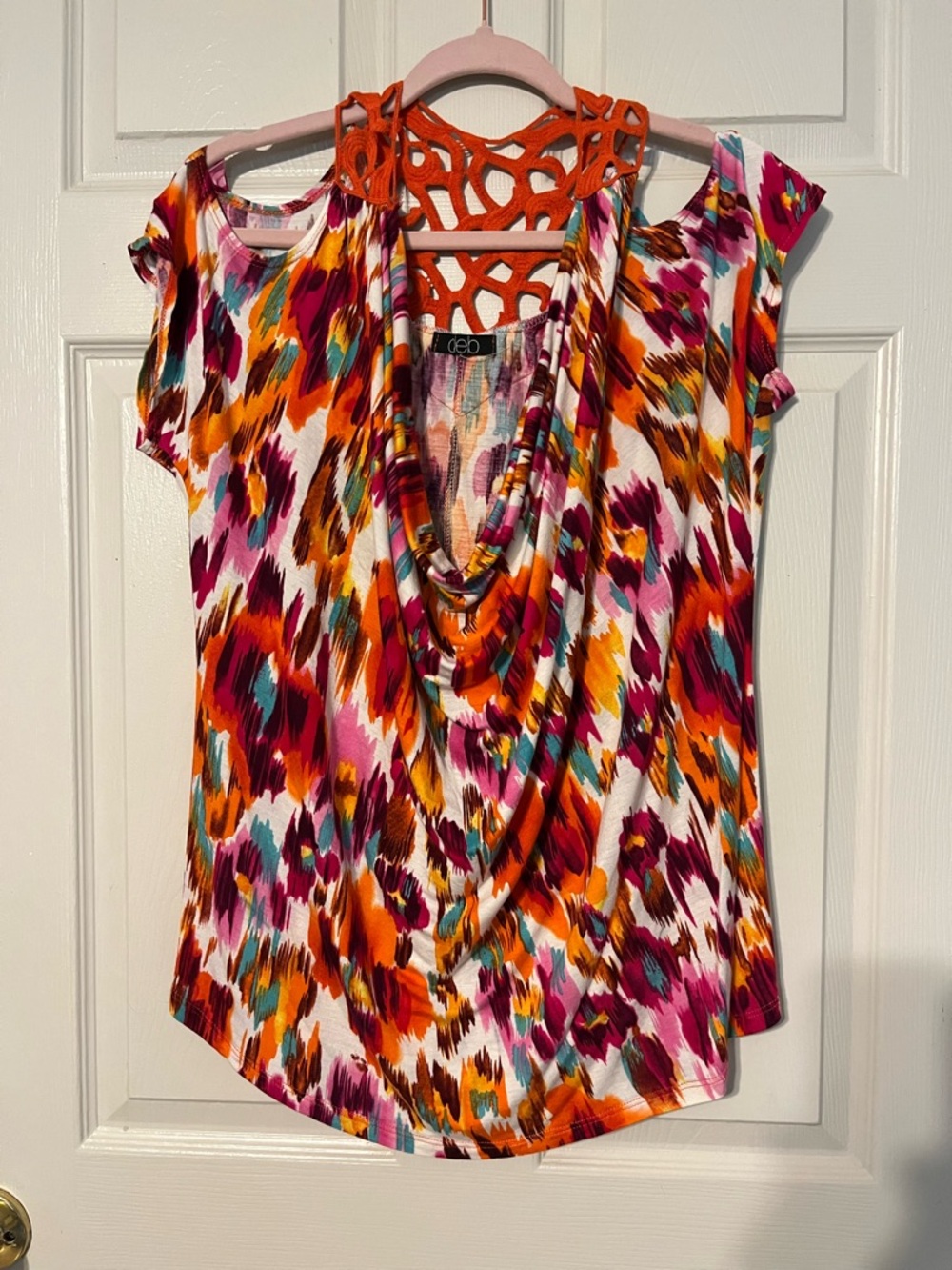 Deb Multicolor Cowl Neck Cold Shoulder Sleeve Top - Orange, Pink & Teal Print 2x